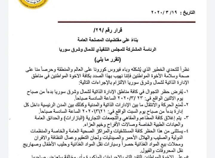 ضمن اجراءات الوقاية من كورونا….الإدارة الذاتية تعلن حظر تجوال بدءاً من الاثنين