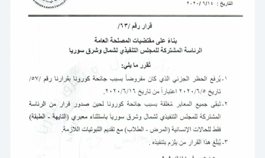 “الإدارة الذاتية” تقرر تخفيف المزيد من قيود كورونا شمال شرق سوريا